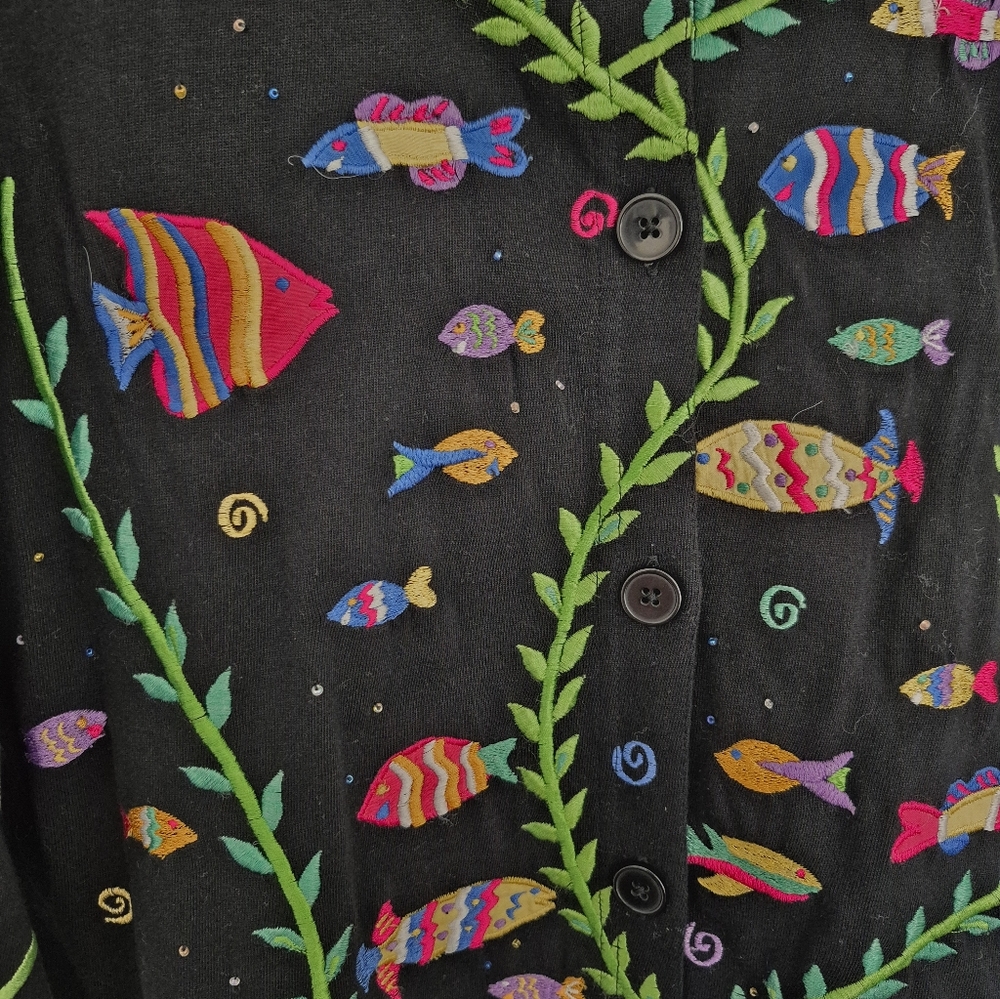 Michael Simon Cardigan Black Fish Embroidered Long Sleeve Button Up Size S - Picture 5 of 9